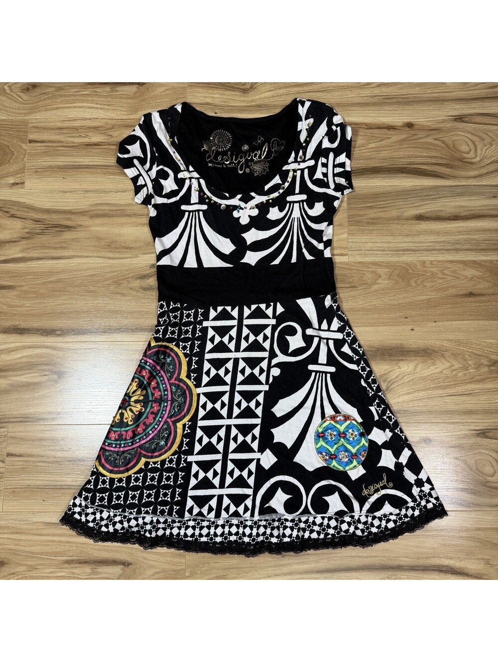 Desigual Black White Geometric Print Mini Dress Rhinestone Boho Y2K M
